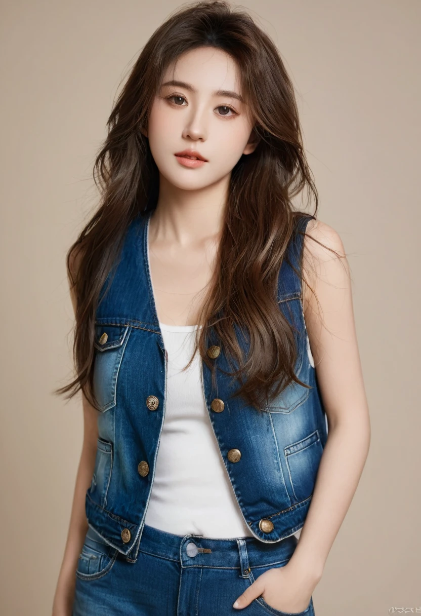 （lifelike， high resolution：1.3）， 1 girl with a perfect figure， The face shape and eyes are super beautiful，Long hair， Random color vest：1.2， Short jeans， Big ，Showing cleavage