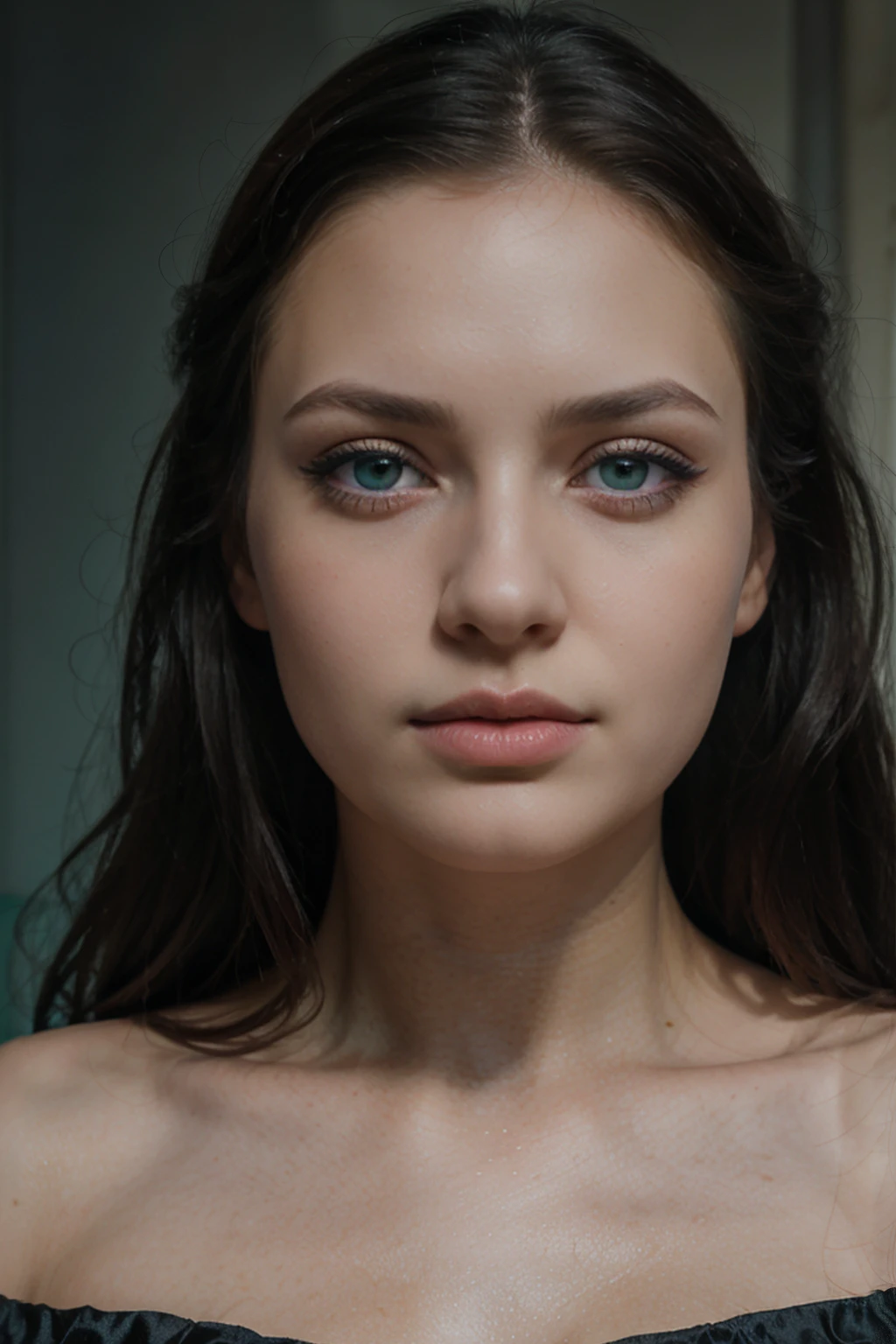 1 girl, Slavic woman, realistic, 20 years, Darling, portrait, dark hair, expressive blue-green eyes, Long eyelashes, plump lips masterpiece, top quality, super detail, detailed light, detailed shadows, RAW, (Detailed skin), (real: 1.2), Sea, black dress