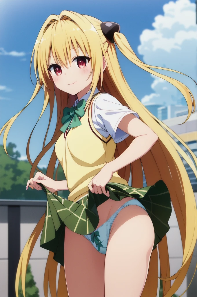 masterpiece, Highest quality, High resolution, Ayami, Very long hair, Both sides up, hair ornaments, , Green bow tie, White shirt, Sweater vest, Yellow vest, Short sleeve, Checked skirt, Green Skirt, Are standing, Cowboy Shot, smile, Outdoor, (((skirt lift))),(((Backwards)))(((Butt Show)))((At the bed))((White panties))