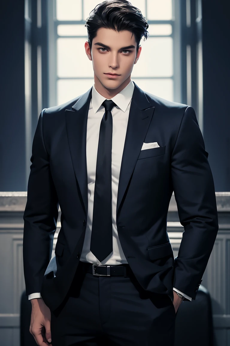 Justin a totally handsome tall young man in his 30's, he's 36 years old, with dark navy eyes, dark styled hair, gentle and serious, kind and strong, attractive, Justin Richard is the owner of Richard Industries for AI Technology, one of the largest AI technology companies in the country. Justin is known to be a rich, pure-hearted, and good-looking young man in his 30s, which makes him the perfect target for many people around him.