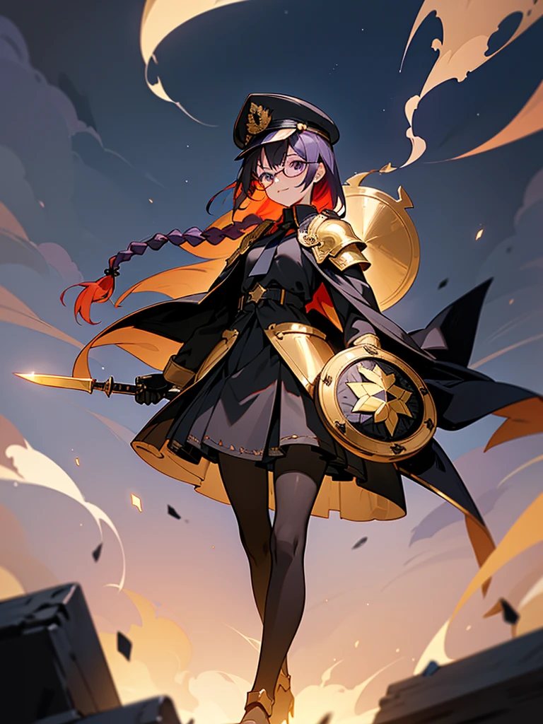 realisitic, City Deserted, Pile of rubble, Brick building, a one woman (18 years old, far away blackw hair, far away slits, Eyes red, glare eyes, 精致的面容, standing (In floor, feet shoulder-width apart), Lolita style military uniform (blackw base, Red Insert, golden decoration, volantes, wide sleeves, dainty and delicate detailing armors), blackw far away gloves (blackw, Red Insert, golden decoration, small hands, armors), blackw far away gloves, knee high boots (blackw, high-heels, red soles), ha (blackw, aba dourada, shield emblem, delicate details), arms in front, Front of belly, Holding military swords with both hands (blackw, golden decoration, delicate detail, Handle at the top, Ground-facing blade, in front of the body, far away), night sky (blackw, stele, Increased flames and smoke) Pale painting style, One Girl, super high quality, Super Detail, Super Detailed image, long hair, looking at viewer, skirt, shirt, hair ornament, violet eyes, gloves, round glasses, long sleeves, hat, closed mouth, jacket, violet hair, braid, open clothes, necktie, black gloves, black skirt, uniform, single braid, open jacket, black jacket, black headwear, 手链, peaked cap, black necktie, cropped jacket, military hat, pantyhose, Flat Chest, smile, Black Cape