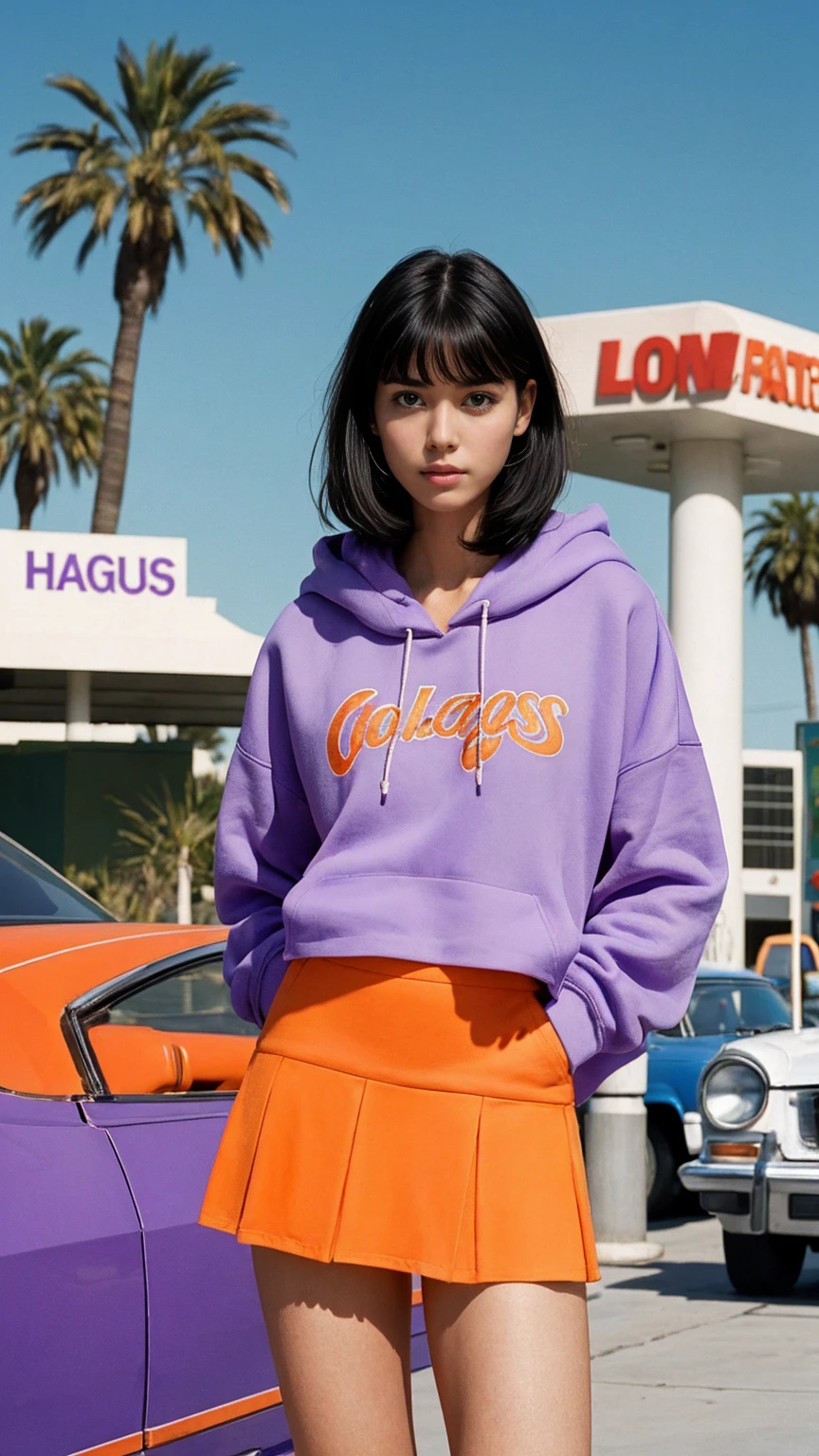photo cinematic photograph long shot portraits by Wes Anderson, cute 23 yo girl ,fokus, bokeh ,wear ((orange color oversized_hoodie)), wear ((purple tennis skirt)),looking front,Best Quality,Masterpiece,Ultra High Resolution,(Realisticity:1.4),Original Photo, 1Girl, light leak,ultra high resolution,UHD,beautiful, (black bob hair), almond eye, no makeup, in front of ((80's los angles gas station)), (realistic:1.2), (surreal:1.3), (very detailed:1.1), ((masterpiece)),summer, blue sky, palm trees,sunny, los angles vibes,film camera, 800mm lens,style of Philip Lorca diCorcia