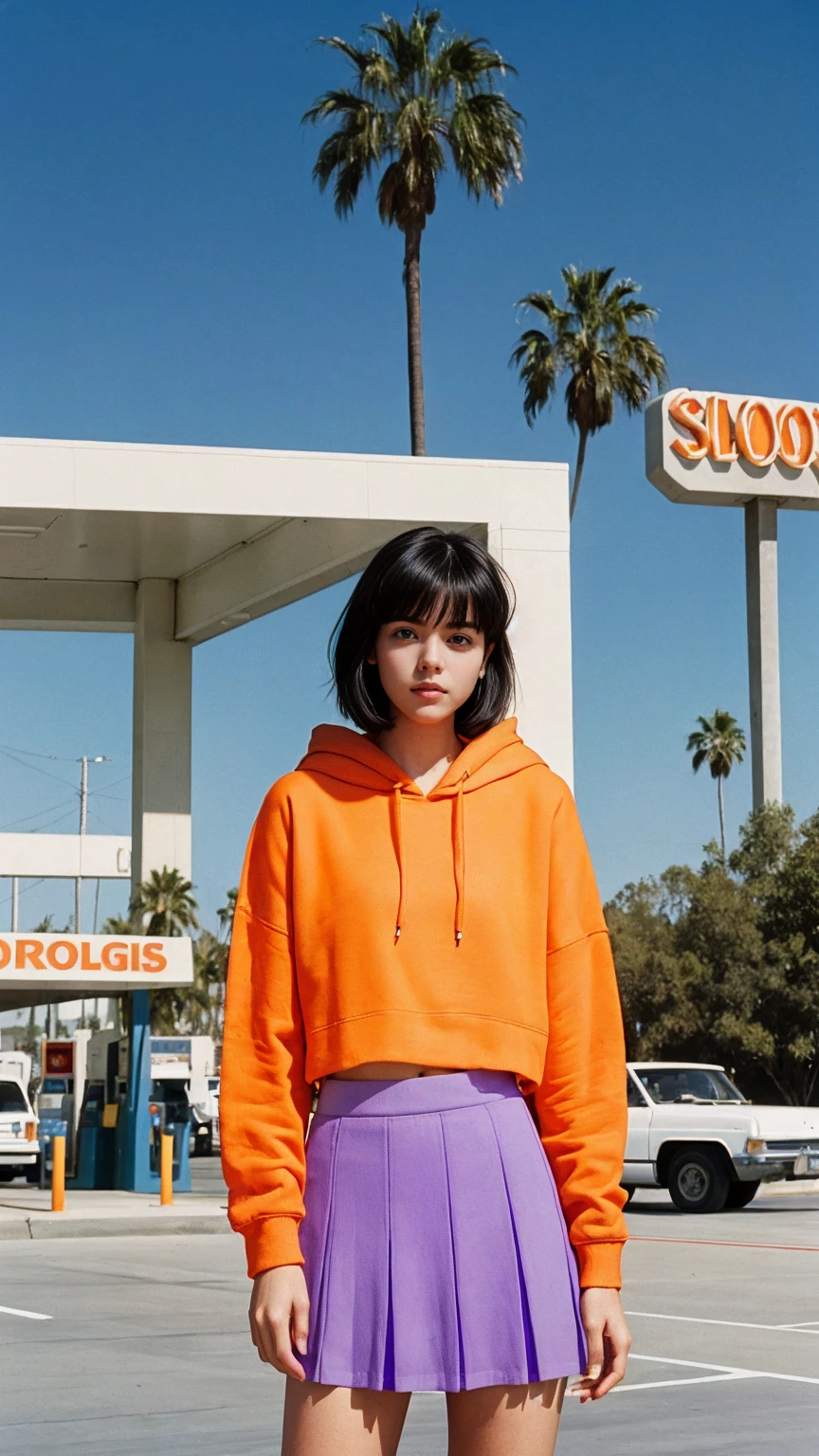 photo cinematic photograph long shot portraits by Wes Anderson, cute 23 yo girl ,fokus, bokeh ,wear ((orange color oversized_hoodie)), wear ((purple tennis skirt)),looking front,Best Quality,Masterpiece,Ultra High Resolution,(Realisticity:1.4),Original Photo, 1Girl, light leak,ultra high resolution,UHD,beautiful, (black bob hair), almond eye, no makeup, in front of ((80's los angles gas station)), (realistic:1.2), (surreal:1.3), (very detailed:1.1), ((masterpiece)),summer, blue sky, palm trees,sunny, los angles vibes,film camera, 800mm lens,style of Philip Lorca diCorcia