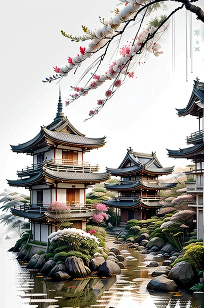 White background
Illustration of high-class Japanese flower fields
Along with the flower fields, bamboo bushes and bamboo leaves, the traditional Japanese streets are designed to slip between and between
Tasteful, Japanese-style design
chic and modern design
monotone
The background is white