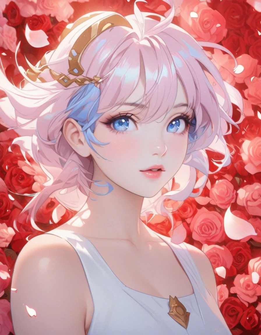 Anime girl with pink hair and blue eyes surrounded by rose petals, Portrait of a girl in the Knights of the Zodiac, Stunning Anime Face Portraits, Detailed digital anime art, Gwaiz, Beautiful anime portraits, Inspired by Yanjun Chen, 8k high quality detailed art, artwork in the style of Gwaiz, Smooth anime CG art, Yanjun Chent, Cute realistic portrait