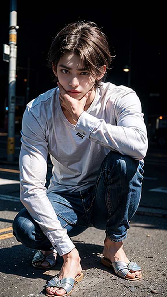 The person is also generated vertically.Create a highly detailed image of a mysterious and thoughtful young man in a crouched position. The character should have spiky black hair, large expressive eyes with dark circles, and a pale complexion. He is dressed in a loose-fitting white long-sleeve shirt and dark blue jeans. His pose is distinctive, with one hand near his mouth and the other resting on the ground for balance, and he is barefoot. Background is a little horror.