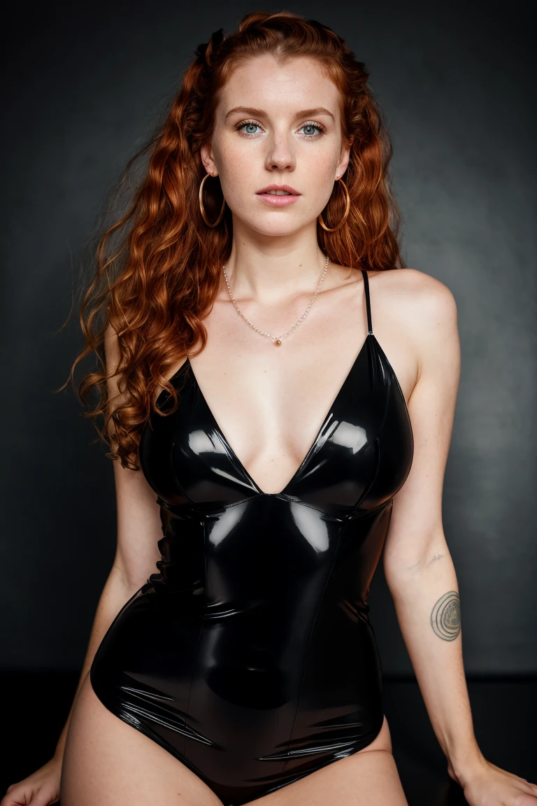 Full body shot of an Irish woman., in black latex dress, turning sideways, tangled ginger hair tied back, wearing pearl necklace, nose stud jewelry, wearing hoop earrings, ultra sharp focus (very detailed skin:1.2), 8k hd, DSLR, high quality, film grain, Fujifilm XT38k, {{1 girl}}