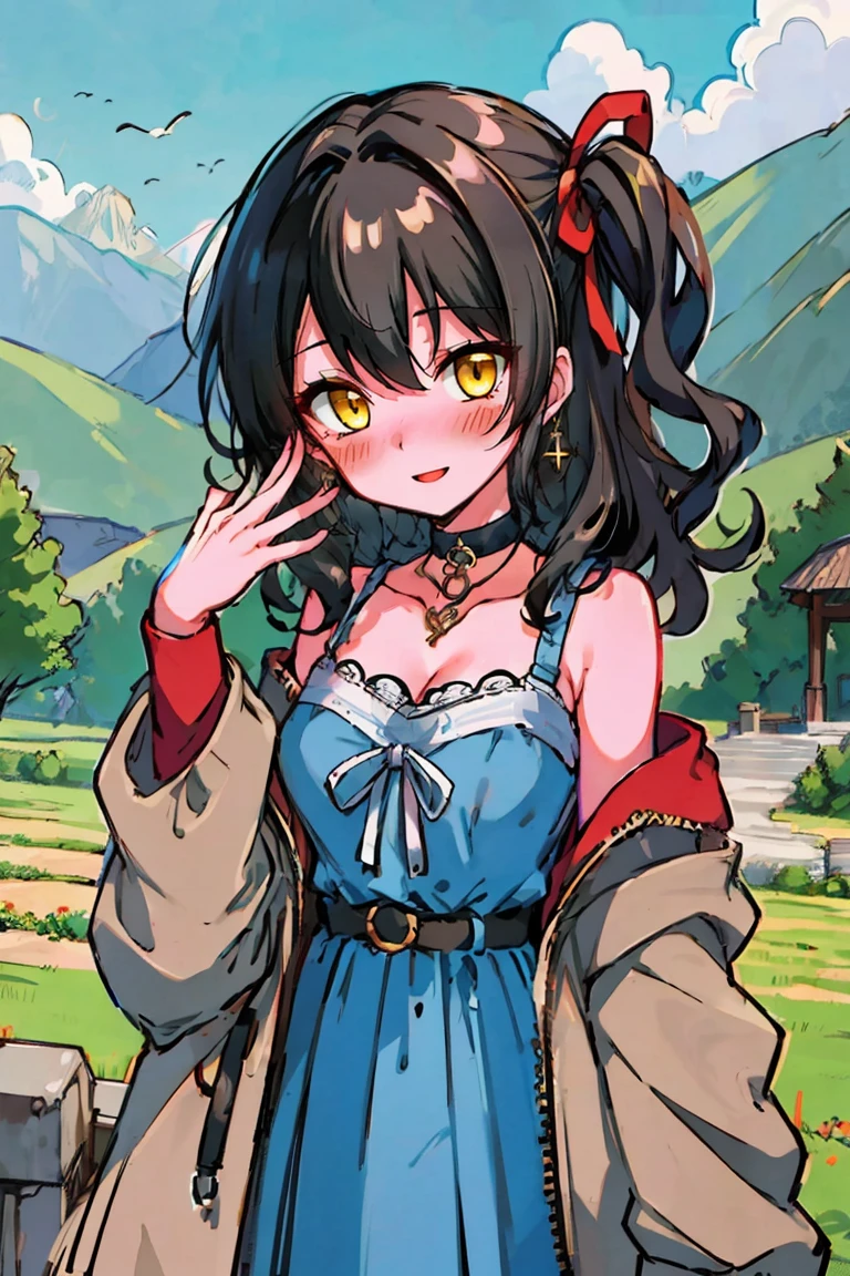 (masterpiece:1.2), (high quality:1.2), (hui xiyi:0.7), rekkyo sensen, rekkyou sensen, girls with((1girl, solo, black hair, yellow eyes, (wavy medium hair, one side up:1.3), blush, breasts, choker, cleavage, coat, cowboy shot, blue lace dress, black ribbon belt, red bow, red ribbon, neck ribbon, fur, khaki jacket, hood down, hooded coat, hooded jacket, hoodie, jacket, large breasts, long hair, long sleeves, medium breasts, open clothes, open coat,open hoodie, sleeveless, winter clothes, zipper, cleavage, upper body, hand up, waving, palm)), background with((architecture, blue sky, bush, castle, village, no humans, cloud, cloudy sky, day, field, garden, grass, hill, house, lamppost, landscape, mountain, mountainous horizon, nature, no humans, outdoors, scenery, shrine, sky))