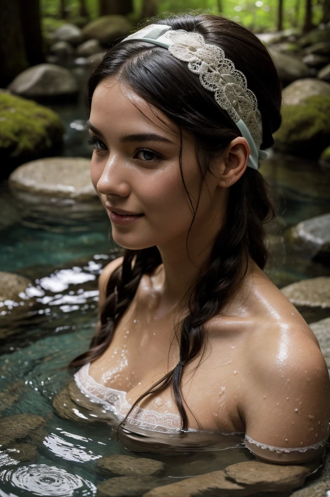Best Quality, Masterpiece, super high resolution, A super model submerged in hot springs in Japan., outdoor hot springs, stone hot springs, surrounded by moss and trees, super beautiful face, pure body, clear pores visible, (SMILE:0.8), using division (lace headband:1.2), (realism:1.5), Photo original, soaked body, covered in sweat, bare shoulders, in the dark, deep shadows, low-key, cold light