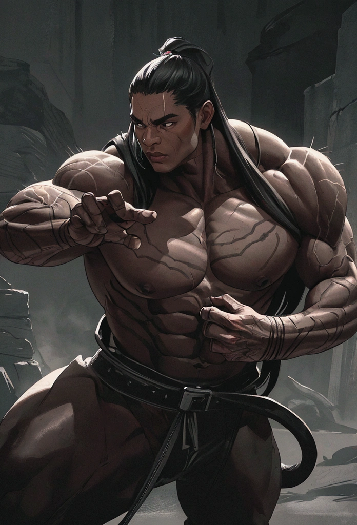 a sleek black buffalo, detailed contour lines, dynamic pose, strong muscles, intricate patterns and textures, moody lighting, muted color palette, dramatic shadows, cinematic composition, digital illustration, highly detailed, photorealistic