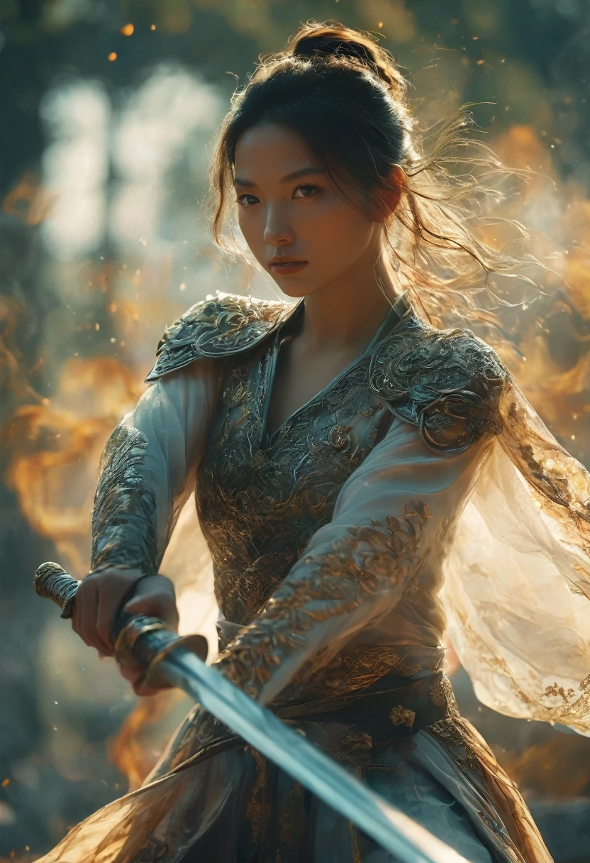 upperbody Photography of female swordman，looking at the camera, atomically correct,Raw, cinematic shot, (sharp focus:1.5), (photorealistic:1.4), twilight lighting, volumetric lighting, ultra high res, 16K,dramatic lighting, abstract backgrounds：1.5），Glowing sword,(Fighting posture),Hold the hilt of a sword in your hand，1sword，solo，perfect fingers,（zentangle，datura，Tangles，entangled：0.7） , depth of field, Fantastical Atmosphere, The most beautiful form of chaos, ellegance, Dark theme of Fauvist design, Flower of Death, Flowers of ecstasy，Glowing Line,Glow Example，Tracking example，flash， Backlight，translucent，light particles，jade，xianxia