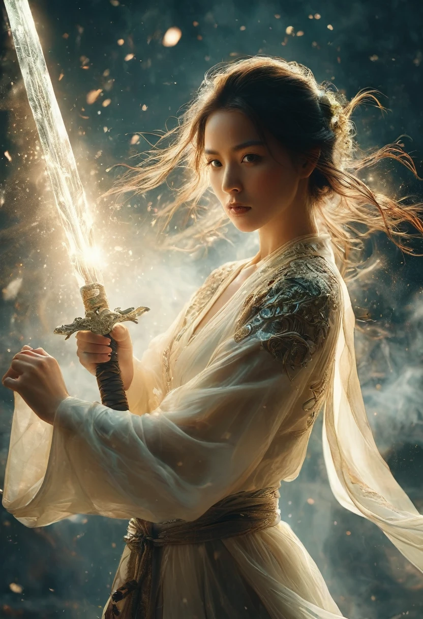 upperbody Photography of female swordman，looking at the camera, atomically correct,Raw, cinematic shot, (sharp focus:1.5), (photorealistic:1.4), twilight lighting, volumetric lighting, ultra high res, 16K,dramatic lighting, abstract backgrounds：1.5），Glowing sword,(Fighting posture),Hold the hilt of a sword in your hand，1sword，solo，perfect fingers,（zentangle，datura，Tangles，entangled：0.7） , depth of field, Fantastical Atmosphere, The most beautiful form of chaos, ellegance, Dark theme of Fauvist design, Flower of Death, Flowers of ecstasy，Glowing Line,Glow Example，Tracking example，flash， Backlight，translucent，light particles，jade，xianxia