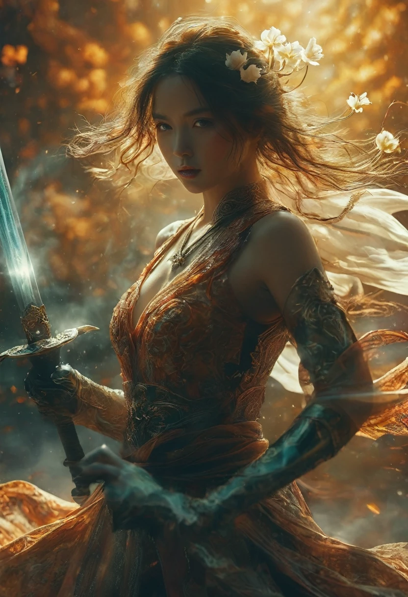 upperbody Photography of female swordman，looking at the camera, atomically correct,Raw, cinematic shot, (sharp focus:1.5), (photorealistic:1.4), twilight lighting, volumetric lighting, ultra high res, 16K,dramatic lighting, abstract backgrounds：1.5），Glowing sword,(Fighting posture),Hold the hilt of a sword in your hand，1sword，solo，perfect fingers,（zentangle，datura，Tangles，entangled：0.7） , depth of field, Fantastical Atmosphere, The most beautiful form of chaos, ellegance, Dark theme of Fauvist design, Flower of Death, Flowers of ecstasy，Glowing Line,Glow Example，Tracking example，flash， Backlight，translucent，light particles，jade，xianxia