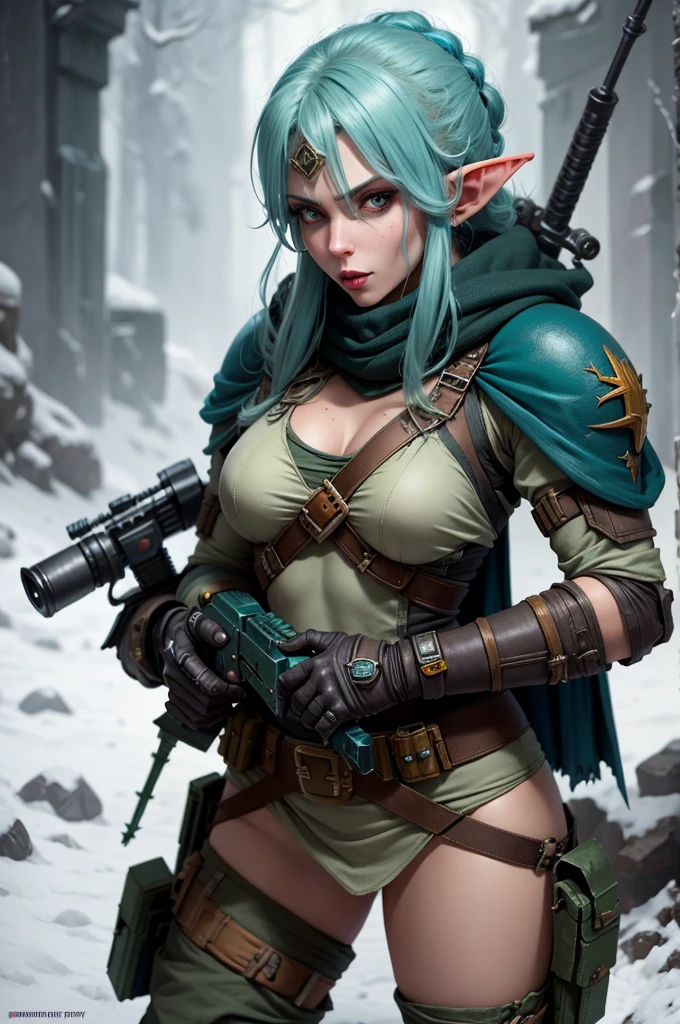 Elf beauty mercenary sniper Warhammer 40K cold color dark style