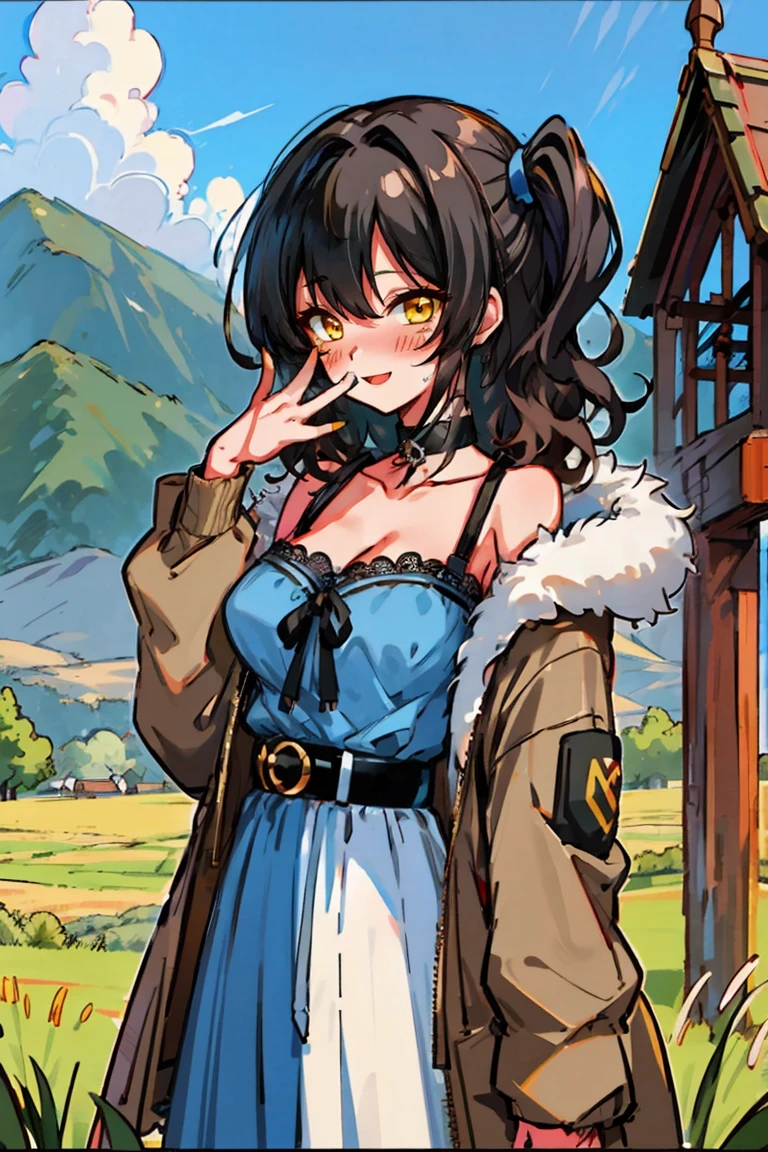(masterpiece:1.2), (high quality:1.2), (hui xiyi:0.7), rekkyo sensen, rekkyou sensen, girls with((1girl, solo, black hair, yellow eyes, (wavy medium hair, one side up:1.3), blush, breasts, choker, cleavage, coat, cowboy shot, blue lace dress, black ribbon belt, red bow, red ribbon, neck ribbon, fur, khaki jacket, hood down, hooded coat, hooded jacket, hoodie, jacket, large breasts, long hair, long sleeves, medium breasts, open clothes, open coat,open hoodie, sleeveless, winter clothes, zipper, cleavage, upper body, hand up, waving, palm)), background with((architecture, blue sky, bush, castle, village, no humans, cloud, cloudy sky, day, field, garden, grass, hill, house, lamppost, landscape, mountain, mountainous horizon, nature, no humans, outdoors, scenery, shrine, sky))