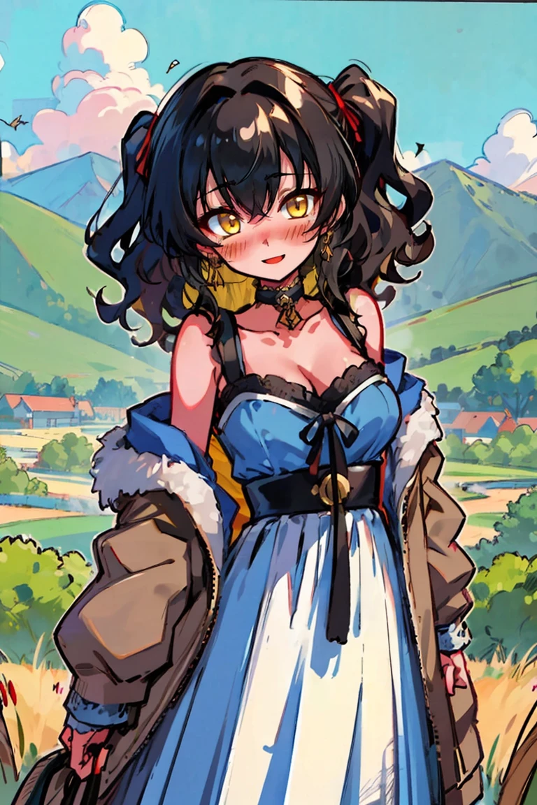 (masterpiece:1.2), (high quality:1.2), (hui xiyi:0.7), rekkyo sensen, rekkyou sensen, girls with((1girl, solo, black hair, yellow eyes, (wavy medium hair, one side up:1.3), blush, breasts, choker, cleavage, coat, cowboy shot, blue lace dress, black ribbon belt, red bow, red ribbon, neck ribbon, fur, khaki jacket, hood down, hooded coat, hooded jacket, hoodie, jacket, large breasts, long hair, long sleeves, medium breasts, open clothes, open coat,open hoodie, sleeveless, winter clothes, zipper, cleavage, upper body, hand up, waving, palm)), background with((architecture, blue sky, bush, castle, village, no humans, cloud, cloudy sky, day, field, garden, grass, hill, house, lamppost, landscape, mountain, mountainous horizon, nature, no humans, outdoors, scenery, shrine, sky))
