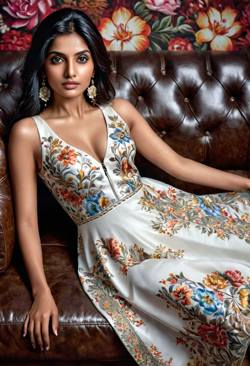 A photoreal photograph of a stunning 28-year-old indian model laying flat on a leather sofa, straight black hair, and striking [grey eyes]. Her beautiful lips accentuate her wheatish skin with light brown tone highlights. Dressed in a beautiful white dress with flower patterns printed on it , the image should be full body shot, 8k hdr, high detailed, and focused on capturing her mesmerizing beauty and her body, soft day lighting.