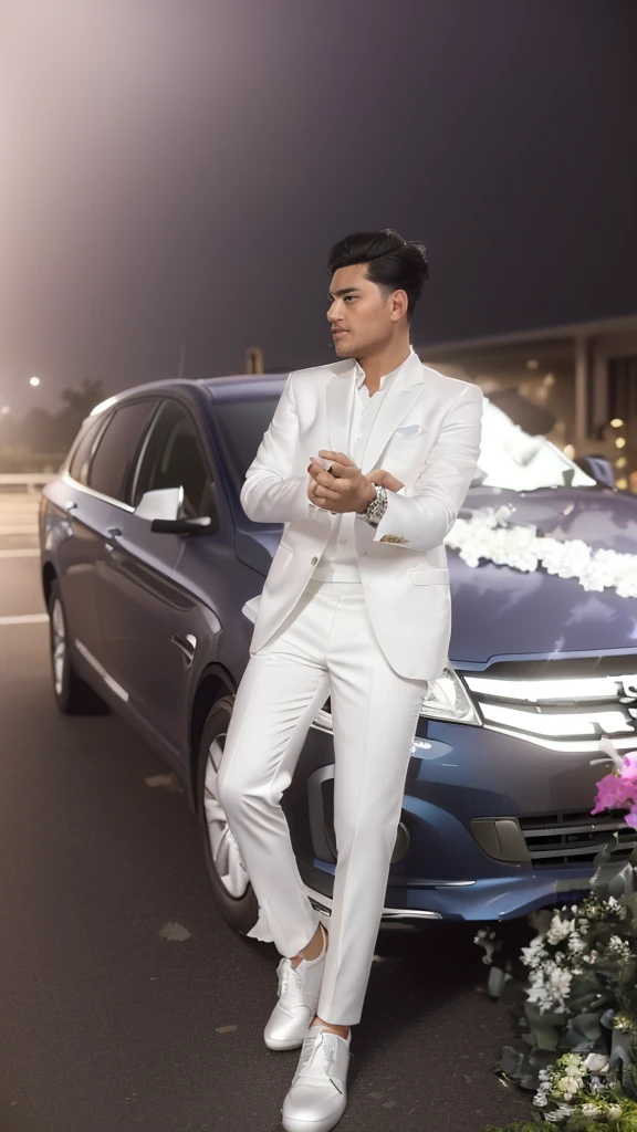 there is a man sitting on a car with a flower arrangement in the background, candid picture, assamese aesthetic, full body photogenic shot, with lovely look, shot on canon eos r 5, shot on canon eos r5, full body picture, candid photography, handsome man, beautiful man, formal attire, very very low quality picture, edited in photoshop