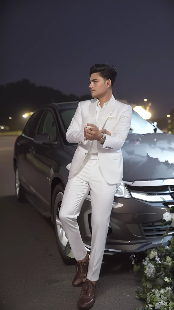 there is a man sitting on a car with a flower arrangement in the background, candid picture, assamese aesthetic, full body photogenic shot, with lovely look, shot on canon eos r 5, shot on canon eos r5, full body picture, candid photography, handsome man, beautiful man, formal attire, very very low quality picture, edited in photoshop