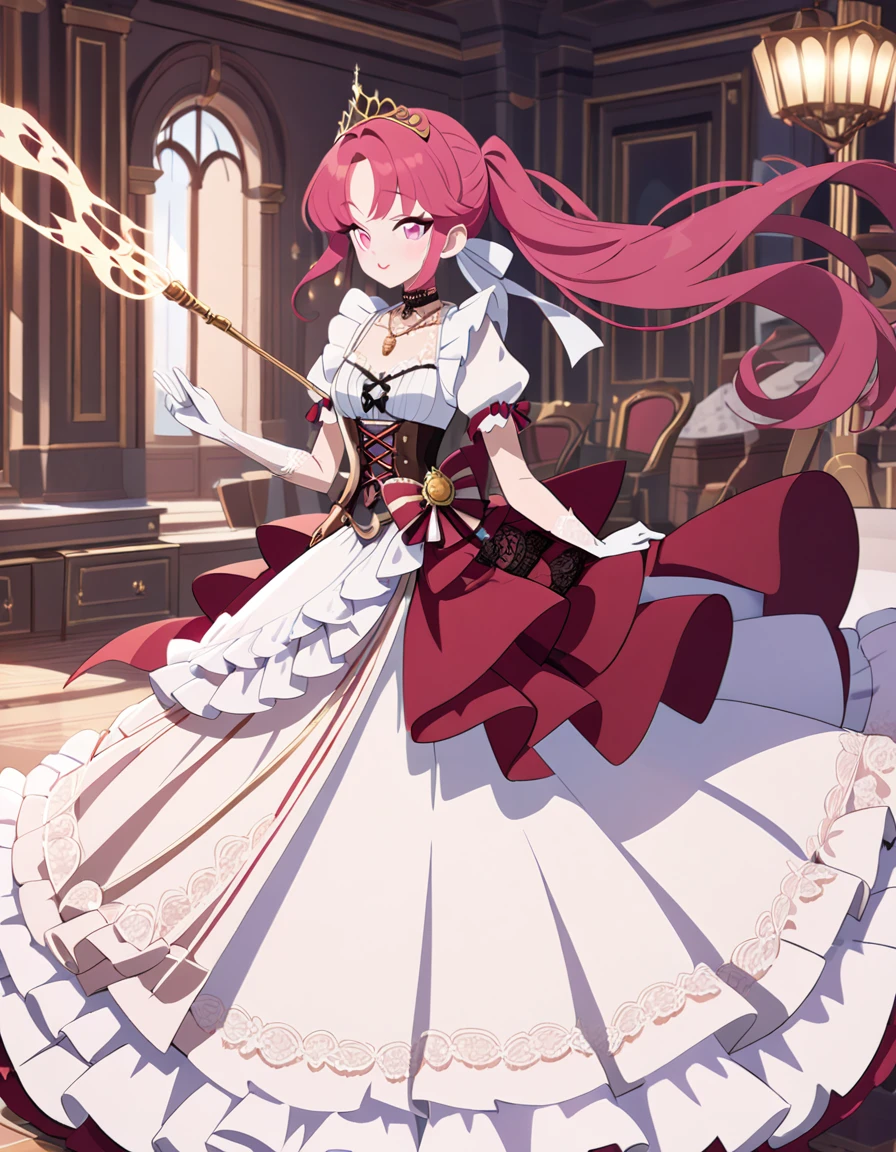 (best quality,4k,8k,highres,masterpiece:1.2),ultra-detailed, Pretty 15 years old princess, drawn in anime style, is cute and joyful, long red pigtails hair, pink eyes, small breast, lipstick, makeup, pink eyeshadow, steampunk, red and white princess gown with puffy sleeves, Dominant shades of red, physically-based rendering,gorgeous dress design,flowing gown,elaborate lace details,rich textures,contrast stitching,delicate ribbon bows,floral accents,long maxi skirt,short sleeves,fitted waistline,lace-up back,luxurious fabrics,flawless silhouette, petticoat, bustle, corset, hair ribbons, white elbow gloves, ruby earrings and necklace, gold tiara, high heels, holding a fire magic wand, standing in castle bedroom,