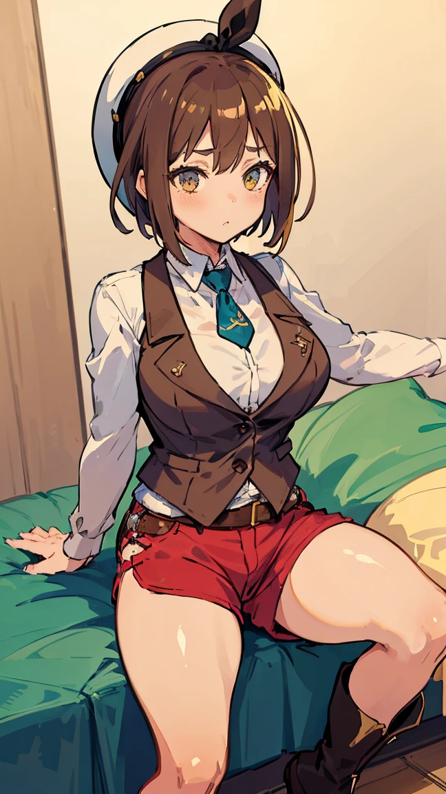 (Highest quality, 8K, masterpiece :1.3),Lizaリン・シュタウト(Lizaのアトリエ),Liza, One woman,Large Breasts,short hair,Brown Hair,hair band,Clothing,hat,White shirt,Yellow and white vest,Red shorts,Brown long boots,Full Nelson,Leg spread,nsfw,Sex,Armlock,The faceless boss