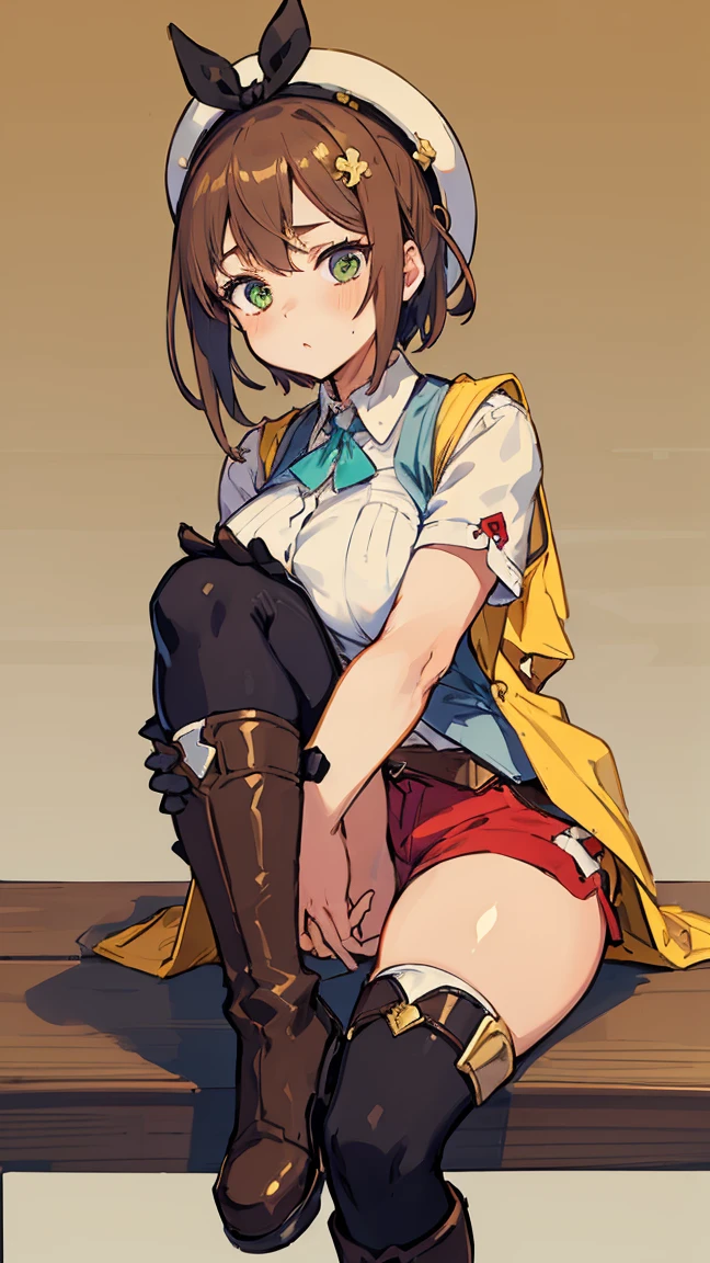 (Highest quality, 8K, masterpiece :1.3),Lizaリン・シュタウト(Lizaのアトリエ),Liza, One woman,Large Breasts,short hair,Brown Hair,hair band,Clothing,hat,White shirt,Yellow and white vest,Red shorts,Brown long boots,Full Nelson,Leg spread,nsfw,Sex,Armlock,The faceless boss