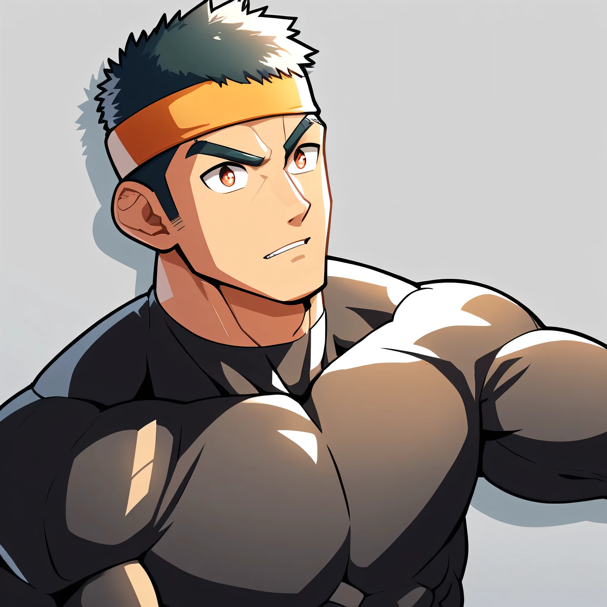 anime characters:Gyee, Muscle Sports Student, Manliness, sports headband, male focus, Cute boy with big eyes, Mike WHite high collar long sleeve tight T-shirt, Slightly transparent material, Very tight, Round, full and perky chest muscles, Slightly transparent, muscular male, muscular, only, Upper body, alone, Black short hair, Thick eyebrows, stubble, Cute little eyes, Brown-red pupils, Grey background, simple background, amazing quality, best aesthetics, Ridiculous, crew cut, parted lips, v-shaped eyebrows, jitome, drop shadow, best quality