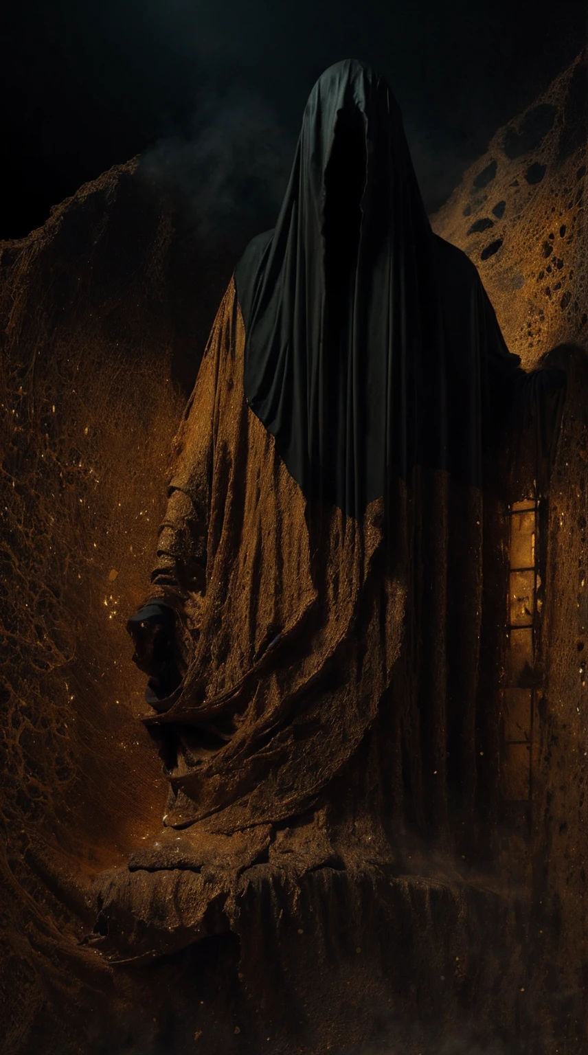 image of a person enveloped in a shroud-like material, appears to be merging with the air around them, high contrast between the dark background and the bright, glowing texture of the material to give a feeling of emergence or transformation, monochrome shades to enhance the mysterious and intense atmosphere - red, black and gold, onyxia, metallic color palette g0s1