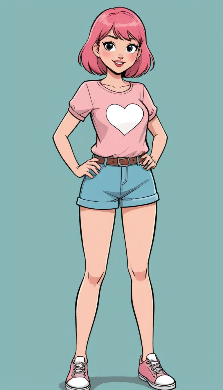 funny cartoon comics, girl, TPose, Front, full body, blusa rosa