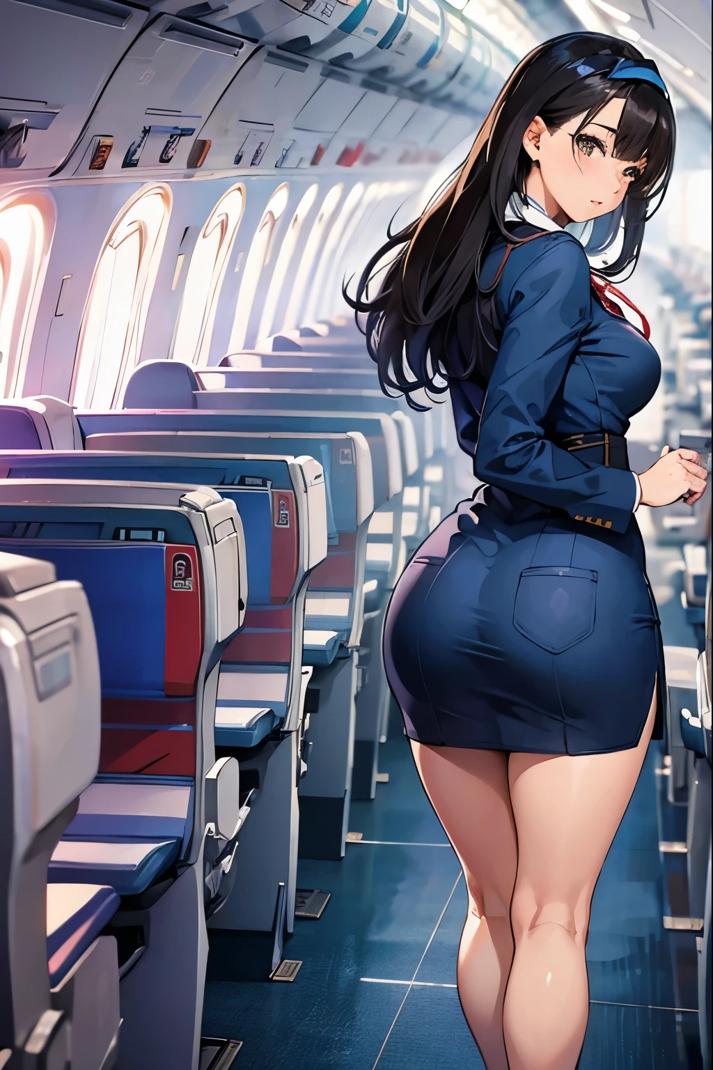 (8K, Highest quality, masterpiece:1.2), (Realistic, photo-Realistic:1.37), (High color saturation:1.0), (Very detailed肌), (Highest quality:1.0), (Ultra-high resolution:1.0) ,(Realistic:1.0), (Very detailed:1.0), (8K, RAW Photos:1.1), 22 years old, (mysterious), Clear and detailed, ((Ana_flight attendant, _uniform)),, (aircraft, aircraft seats), Cute face,, Run、stewardess。Sexy、Cabin attendant、Back view、最高masterpiece、Adorable expression、Big butt、bend over、skirt、flight attendant、Beautiful mature woman