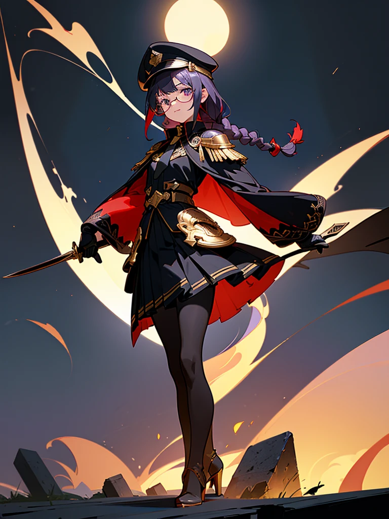realisitic, City Deserted, Pile of rubble, Brick building, a one woman (18 years old, far away blackw hair, far away slits, Eyes red, glare eyes, 精致的面容, standing (In floor, feet shoulder-width apart), Lolita style military uniform (blackw base, Red Insert, golden decoration, volantes, wide sleeves, dainty and delicate detailing armors), blackw far away gloves (blackw, Red Insert, golden decoration, small hands, armors), blackw far away gloves, knee high boots (blackw, high-heels, red soles), ha (blackw, aba dourada, shield emblem, delicate details), arms in front, Front of belly, Holding military swords with both hands (blackw, golden decoration, delicate detail, Handle at the top, Ground-facing blade, in front of the body, far away), night sky (blackw, stele, Increased flames and smoke) Pale painting style, One Girl, super high quality, Super Detail, Super Detailed image, long hair, looking at viewer, skirt, shirt, hair ornament, violet eyes, gloves, round glasses, long sleeves, hat, closed mouth, jacket, violet hair, braid, open clothes, necktie, black gloves, black skirt, uniform, single braid, open jacket, black jacket, black headwear, 手链, peaked cap, black necktie, cropped jacket, military hat, pantyhose, Flat Chest, smile, Black Cape