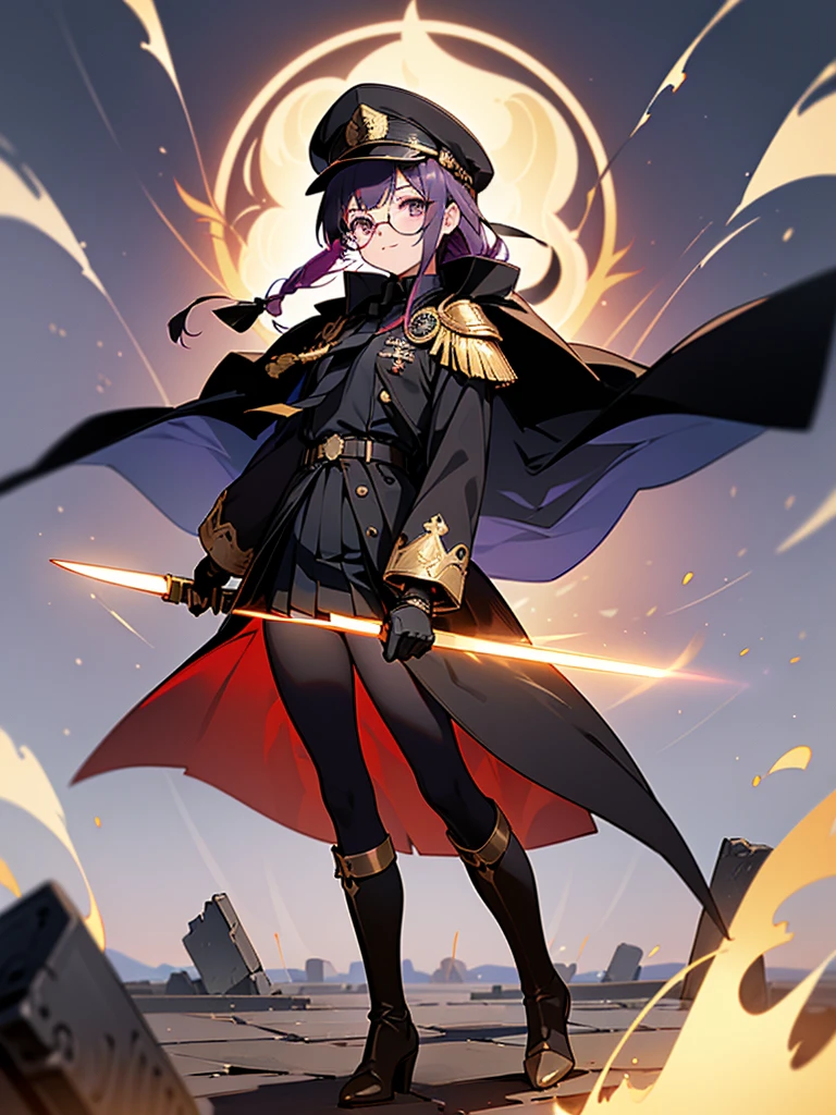 realisitic, City Deserted, Pile of rubble, Brick building, a one woman (18 years old, far away blackw hair, far away slits, Eyes red, glare eyes, 精致的面容, standing (In floor, feet shoulder-width apart), Lolita style military uniform (blackw base, Red Insert, golden decoration, volantes, wide sleeves, dainty and delicate detailing armors), blackw far away gloves (blackw, Red Insert, golden decoration, small hands, armors), blackw far away gloves, knee high boots (blackw, high-heels, red soles), ha (blackw, aba dourada, shield emblem, delicate details), arms in front, Front of belly, Holding military swords with both hands (blackw, golden decoration, delicate detail, Handle at the top, Ground-facing blade, in front of the body, far away), night sky (blackw, stele, Increased flames and smoke) Pale painting style, One Girl, super high quality, Super Detail, Super Detailed image, long hair, looking at viewer, skirt, shirt, hair ornament, violet eyes, gloves, round glasses, long sleeves, hat, closed mouth, jacket, violet hair, braid, open clothes, necktie, black gloves, black skirt, uniform, single braid, open jacket, black jacket, black headwear, 手链, peaked cap, black necktie, cropped jacket, military hat, pantyhose, Flat Chest, smile, Black Cape
