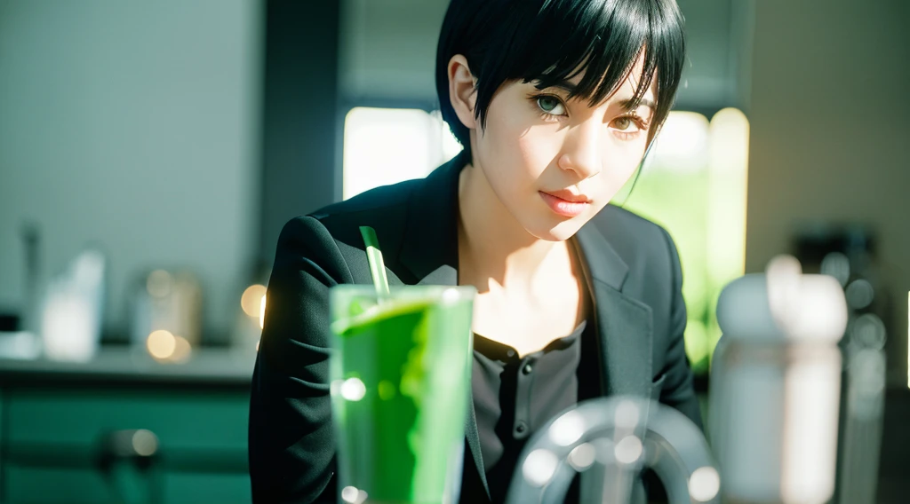 ((Highest quality)), ((masterpiece)), (detailed), Perfect Face, Black short hair, One person, Beautiful light, Black Suit,Wide-angle lens,Making a drink ,Background Green Fill