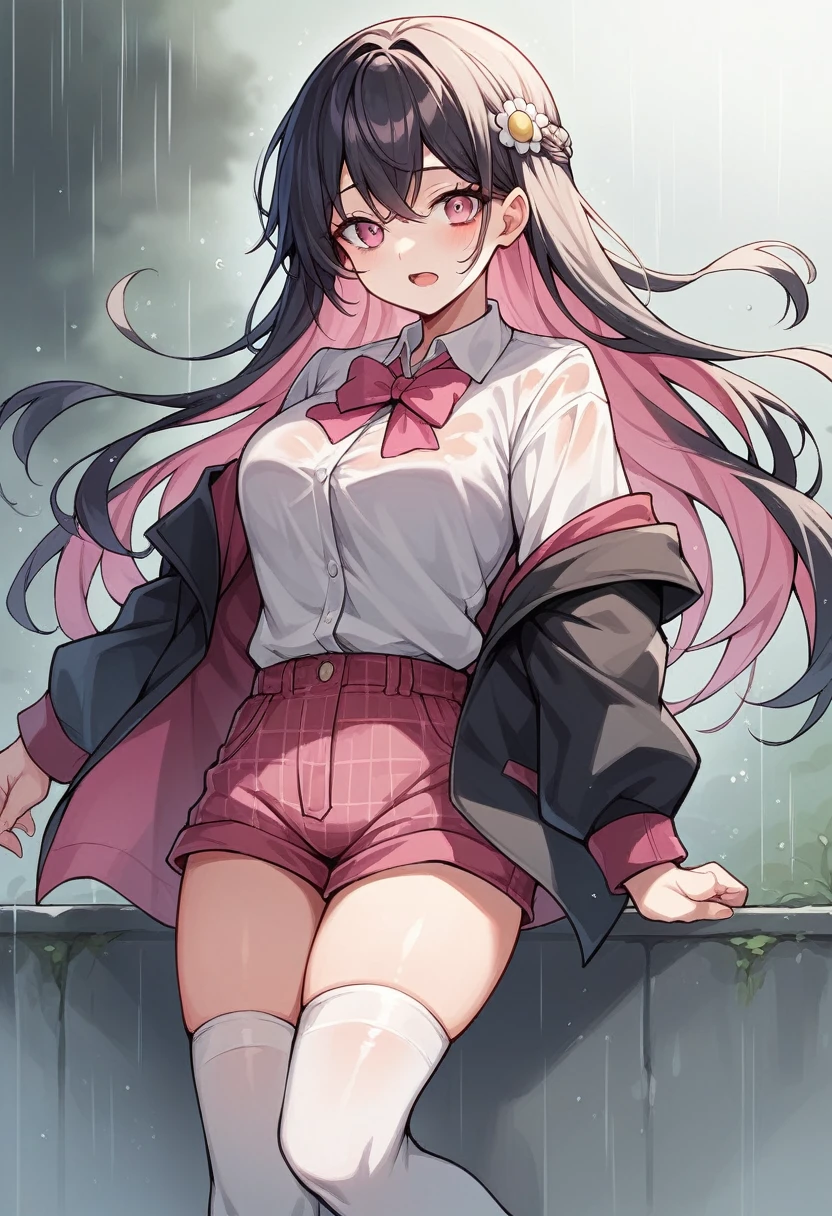 anime girl with long hair in a gradient color from light blue to light pink. and wearing a daisy crown. her face is very cute like a with pink eyes. she wears a white shirt with a pink ribbon on the top of her shirt and she wears pink plaid shorts and wears white stockings. her face is so sweet, her skin is FFFCD which is buttermilk. she hugs an anime guy with messy black hair wearing a black suit in the rain.