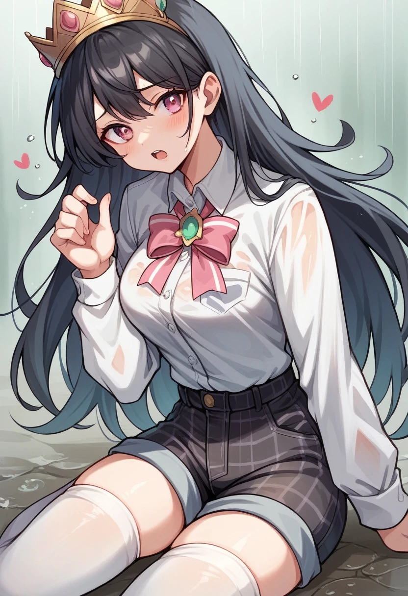 anime girl with long hair in a gradient color from light blue to light pink. and wearing a daisy crown. her face is very cute like a with pink eyes. she wears a white shirt with a pink ribbon on the top of her shirt and she wears pink plaid shorts and wears white stockings. her face is so sweet, her skin is FFFCD which is buttermilk. she hugs an anime guy with messy black hair wearing a black suit in the rain.