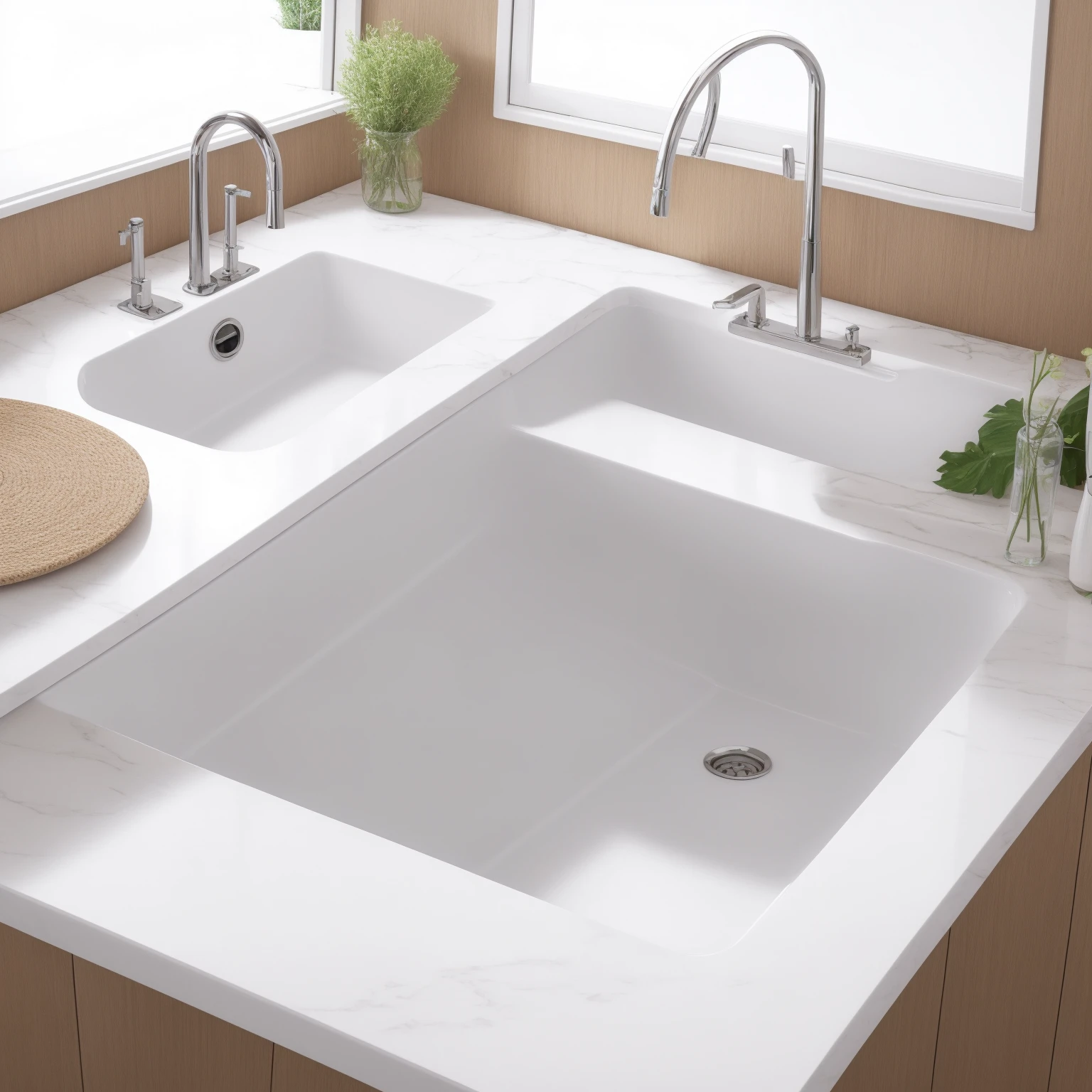 RV Sink Looks Fresh and Bright,Light colored interior,Highlight the enlarged sink,Foldable Single Slot,Marble table top,There is cutlery on the table,White Desktop