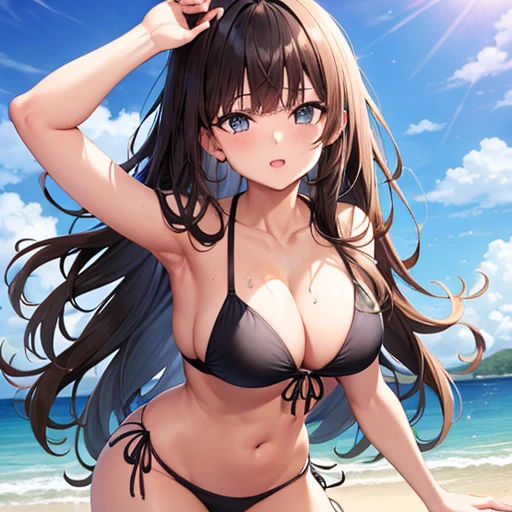 21 year old girl, Wavy long hair, Dark brown hair color, Blunt bangs, blue eyes, Anime Style, bikini, Beach, play volleyball, sunlight, water, Have fun, Jumping, People in the background々,Black Hair,Big Breasts