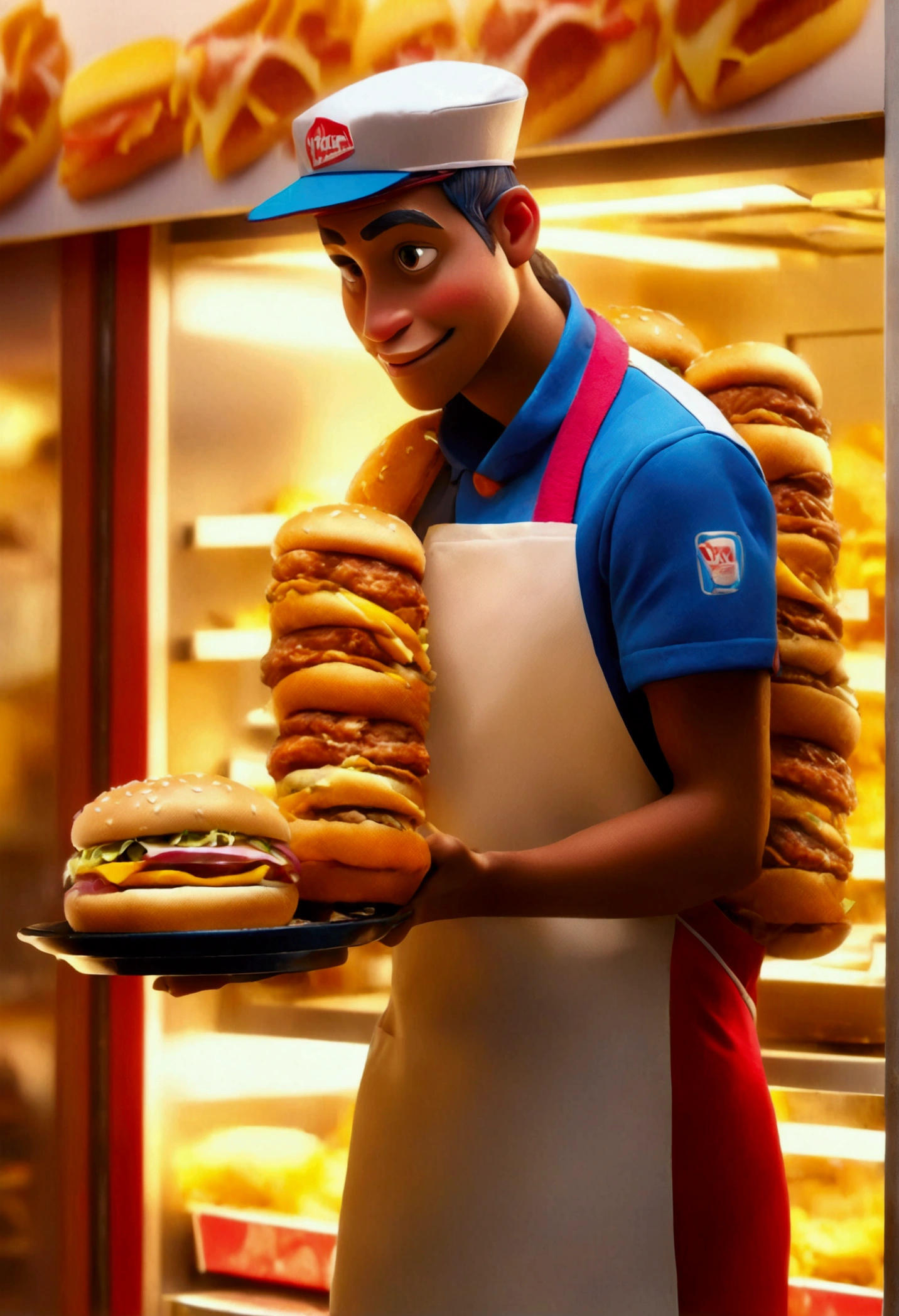 (a Fast Food Worker), full body, award-winning, cinematic still, emotional, vignette, dynamic, vivid, (masterpiece, best quality, Professional, perfect composition, very aesthetic, absurdres, ultra-detailed, intricate details:1.3)