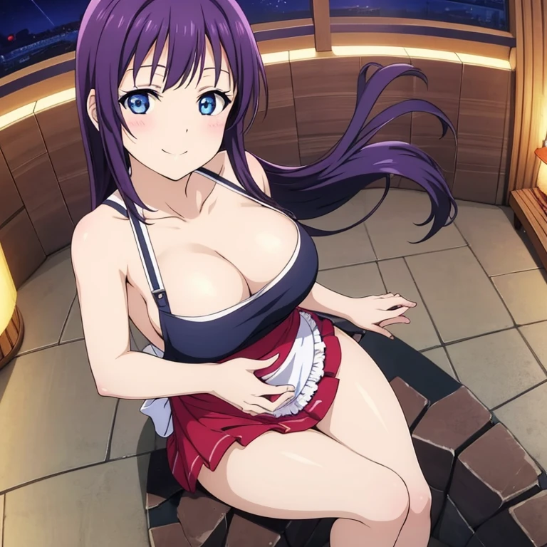 nsfw, Anime girl, long hair, dark purple hair, blue eyes, smile, blush, wear apron, naked aprob, at kichen, large breasts, cleavage, night,