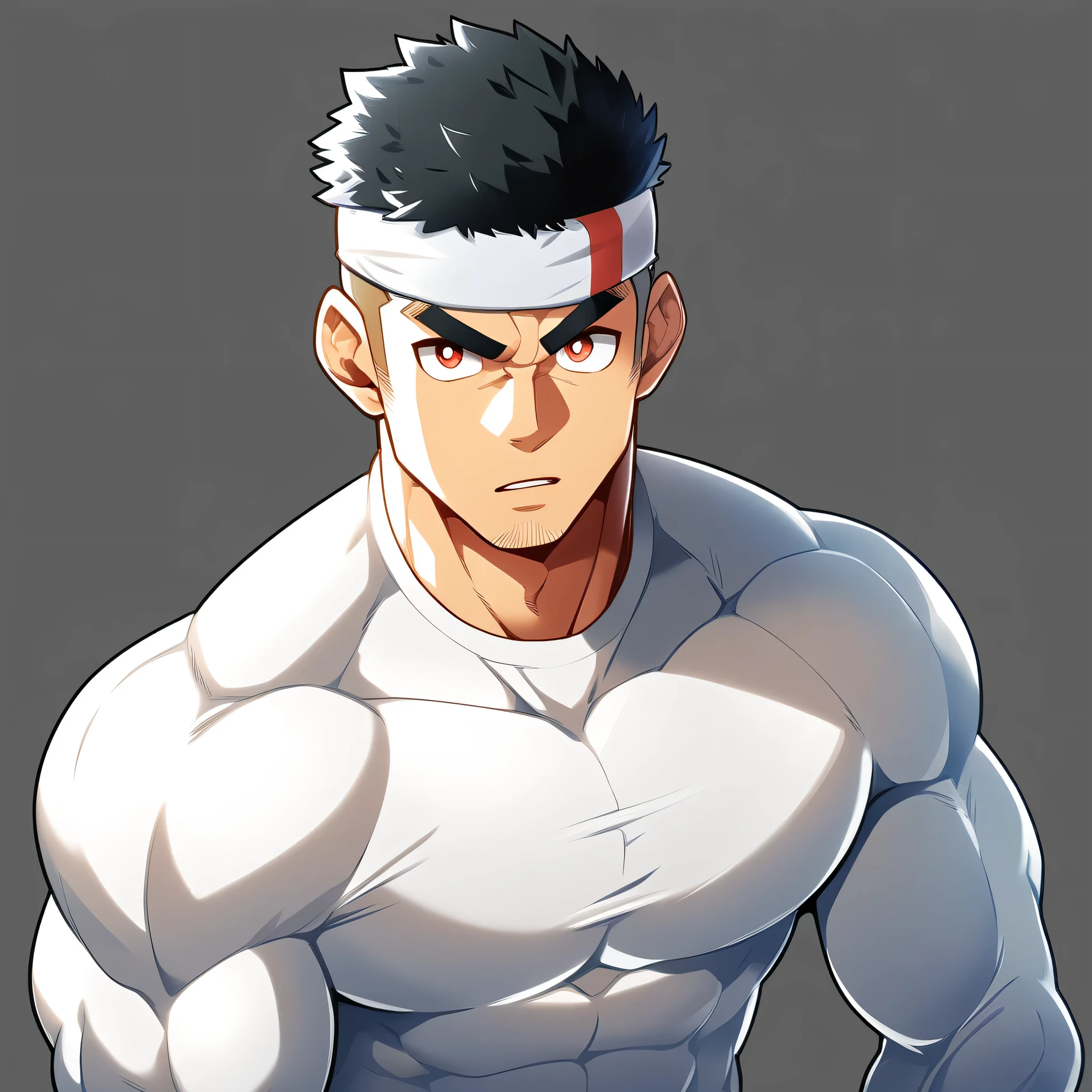 anime characters:Gyee, Muscle Sports Student, Manliness, sports headband, male focus, Cute boy with big eyes, Mike WHite high collar long sleeve tight T-shirt, Slightly transparent material, Very tight, Round, full and perky chest muscles, Slightly transparent, muscular male, muscular, only, Upper body, alone, Black short hair, Thick eyebrows, stubble, Cute little eyes, Brown-red pupils, Grey background, simple background, amazing quality, best aesthetics, Ridiculous, crew cut, parted lips, v-shaped eyebrows, jitome, best quality