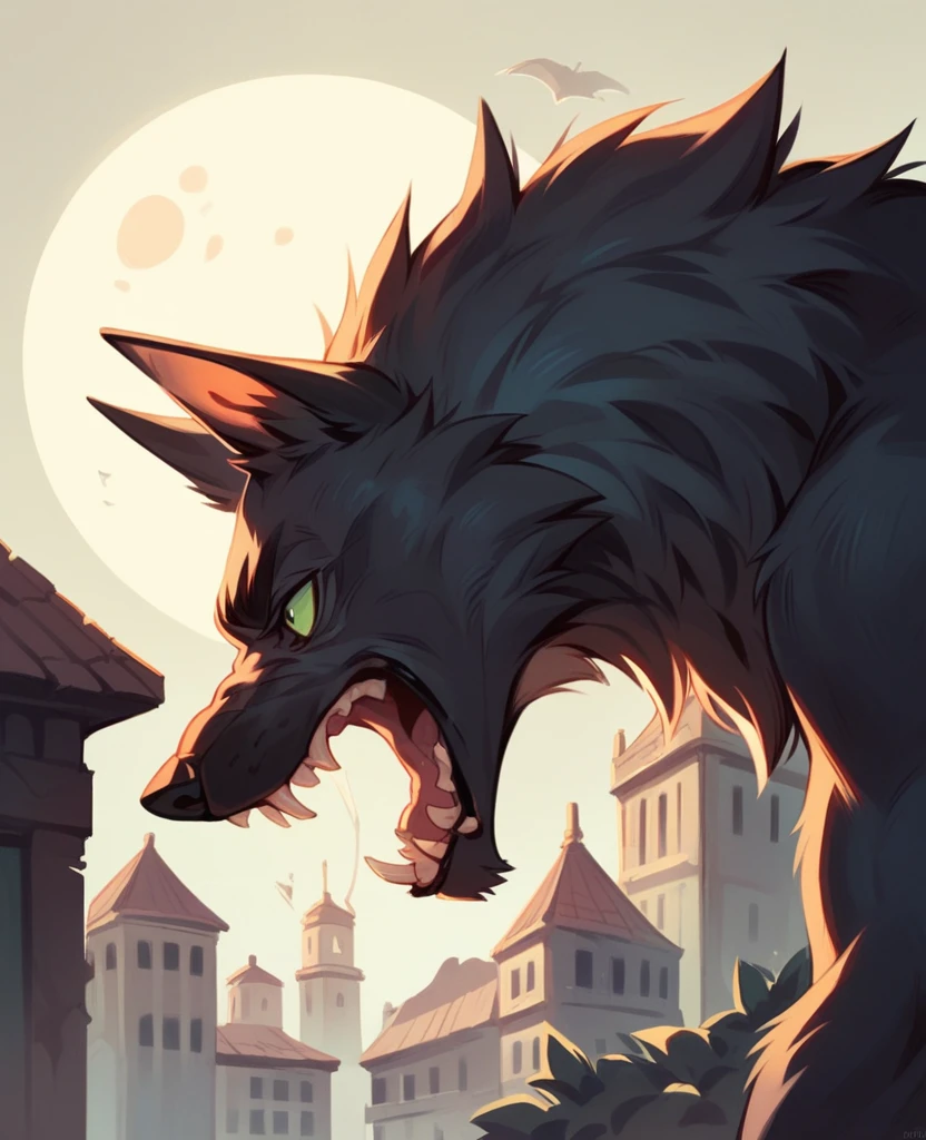 werewolf, black fur with green tips, whole body, in the abyss of a building, in a city in the background, Howling at the moon