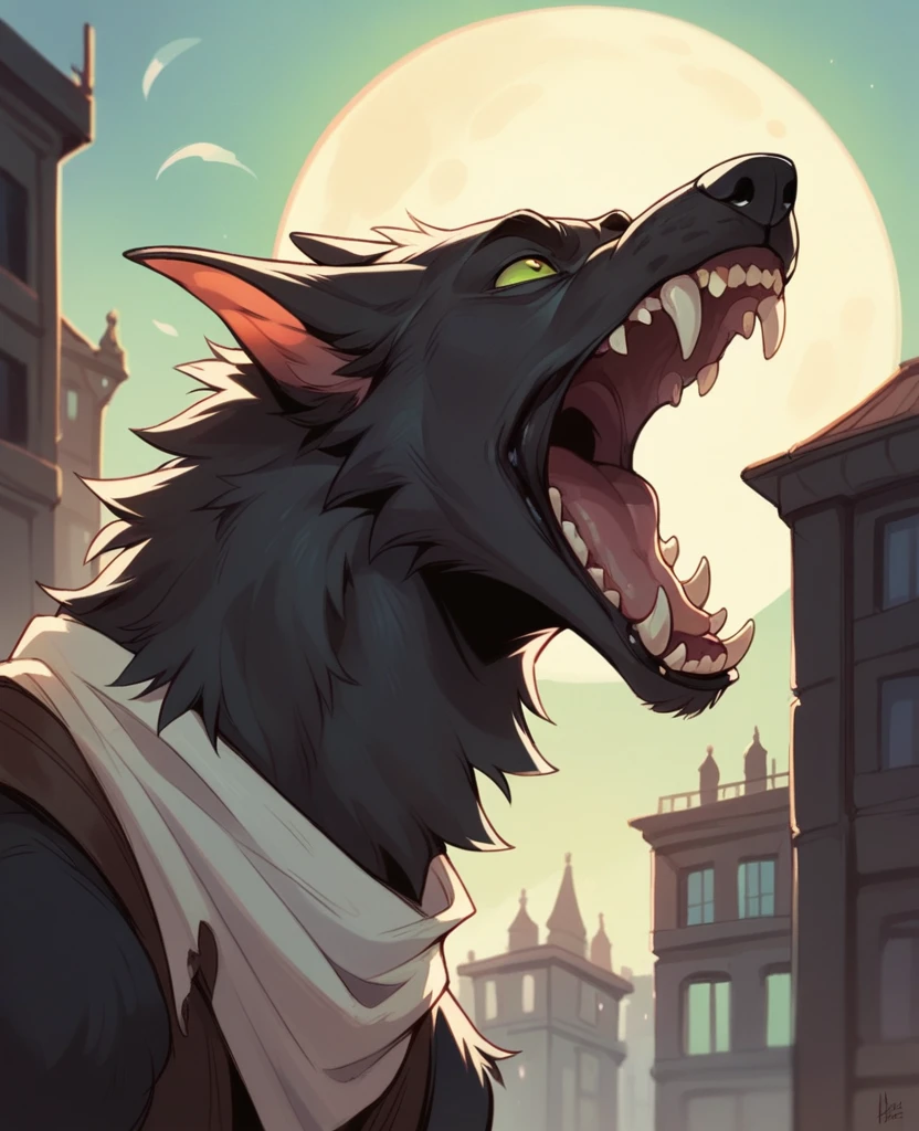 werewolf, black fur with green tips, whole body, in the abyss of a building, in a city in the background, Howling at the moon