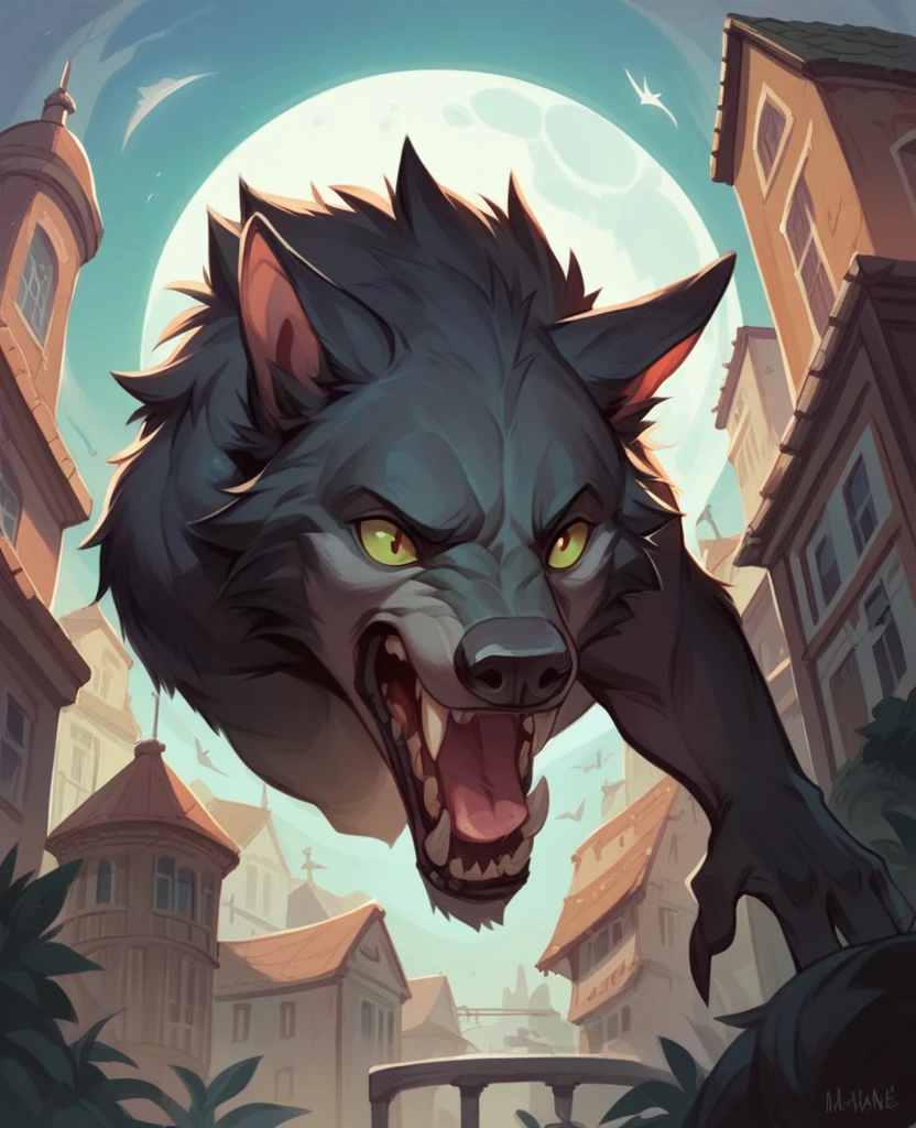 werewolf, black fur with green tips, whole body, in the abyss of a building, in a city in the background, Howling at the moon
