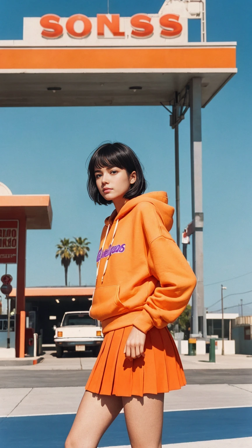  photo cinematic photograph long shot portraits by Wes Anderson, cute 23 yo girl ,fokus, bokeh ,wear ((orange color oversized_hoodie)), wear ((purple tennis skirt)),looking front,Best Quality,Masterpiece,Ultra High Resolution,(Realisticity:1.4),Original Photo, 1Girl, light leak,ultra high resolution,UHD,beautiful, (black bob hair), almond eye, no makeup, in front of ((80's los angles gas station)), (realistic:1.2), (surreal:1.3), (very detailed:1.1), ((masterpiece)),summer, blue sky, palm trees,sunny, los angles vibes,film camera, 800mm lens,style of Philip Lorca diCorcia