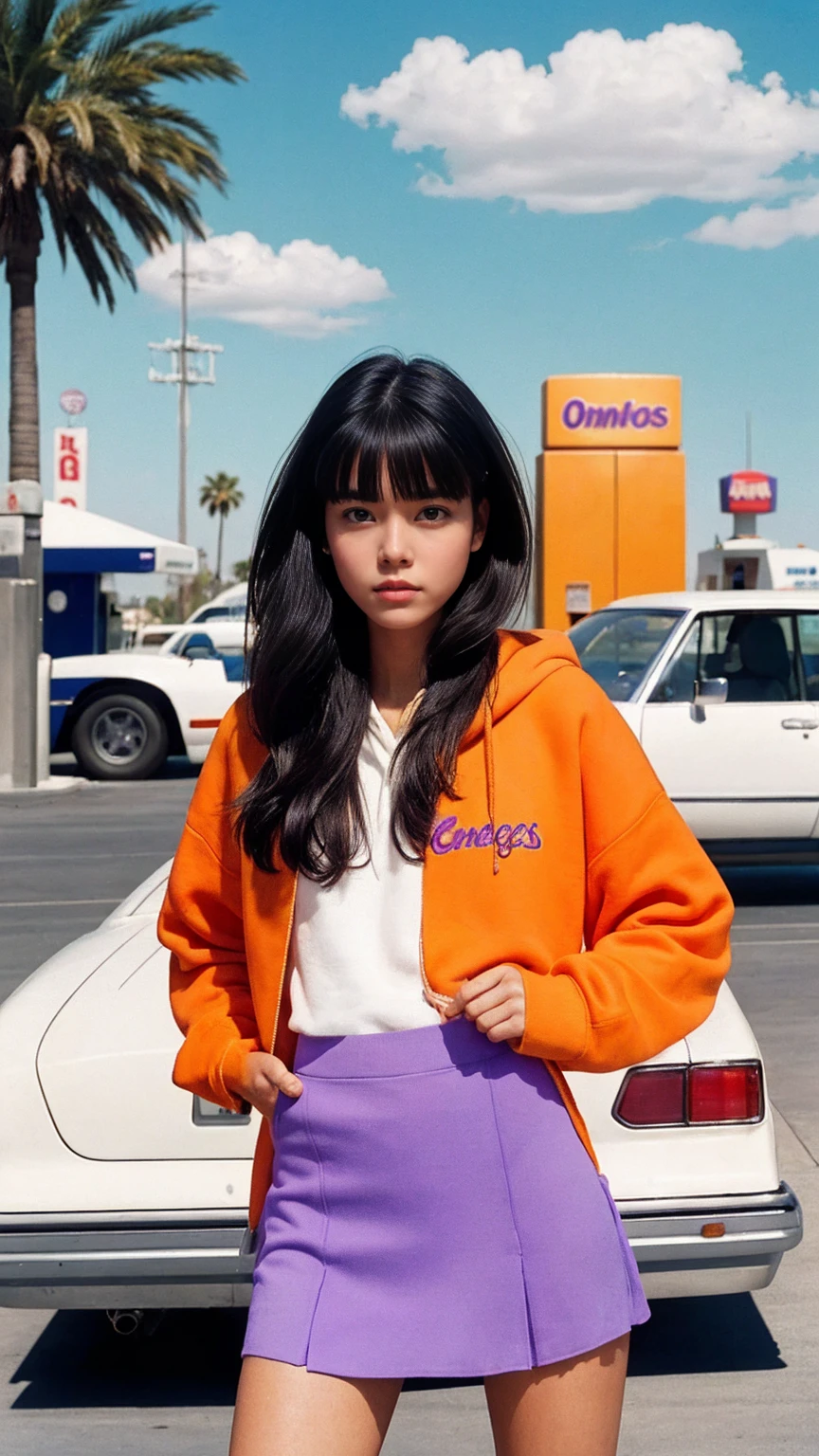 photo cinematic photograph long shot portraits by Wes Anderson, cute 23 yo girl ,fokus, bokeh ,wear ((orange color oversized_hoodie)), wear ((purple tennis skirt)),looking front,Best Quality,Masterpiece,Ultra High Resolution,(Realisticity:1.4),Original Photo, 1Girl, light leak,ultra high resolution,UHD,beautiful, (black bob hair), almond eye, no makeup, in front of ((80's los angles gas station)), (realistic:1.2), (surreal:1.3), (very detailed:1.1), ((masterpiece)),summer, blue sky, palm trees,sunny, los angles vibes,film camera, 800mm lens,style of Philip Lorca diCorcia