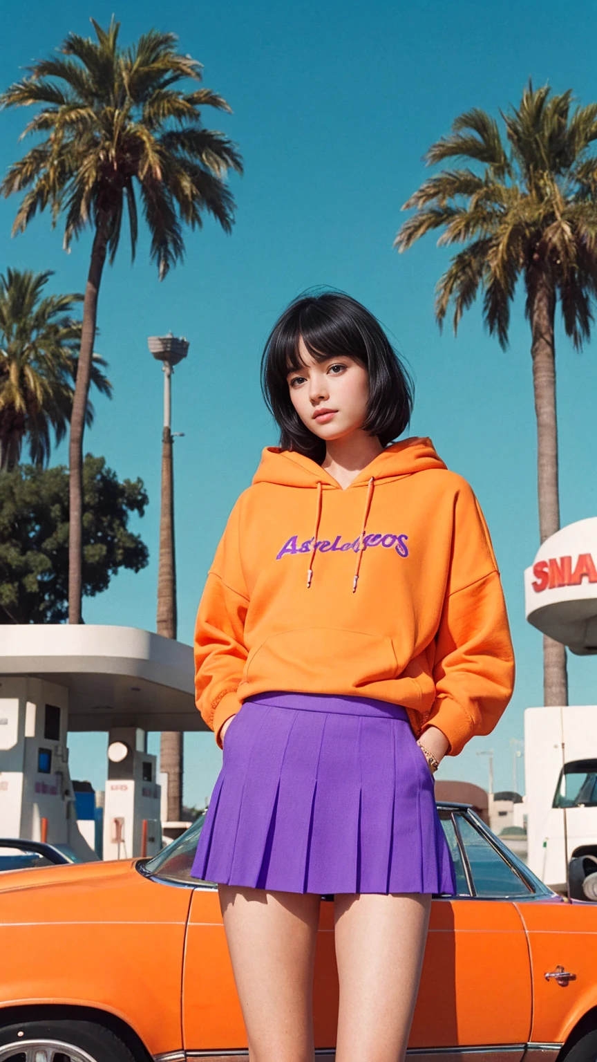 photo cinematic photograph long shot portraits by Wes Anderson, cute 23 yo girl ,fokus, bokeh ,wear ((orange color oversized_hoodie)), wear ((purple tennis skirt)),looking front,Best Quality,Masterpiece,Ultra High Resolution,(Realisticity:1.4),Original Photo, 1Girl, light leak,ultra high resolution,UHD,beautiful, (black bob hair), almond eye, no makeup, in front of ((80's los angles gas station)), (realistic:1.2), (surreal:1.3), (very detailed:1.1), ((masterpiece)),summer, blue sky, palm trees,sunny, los angles vibes,film camera, 800mm lens,style of Philip Lorca diCorcia