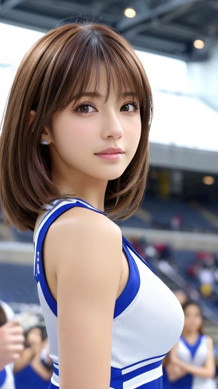 Photorealistic、Masseter muscle area、Highest quality、High resolution、RAW Photos、Realistic、Bright lighting、Face Light、Smooth Professional Lighting、Japanese women、Beautiful woman、Modeled、gravure、y、so beautiful、Realisticで美しい肌、Beautiful and detailed、Detailed face、slim、Large Breeavage、sr、Brunette colored hair、Brown eyes、looking at the camera、Cheerleader、Cheerleader、Cheerleader