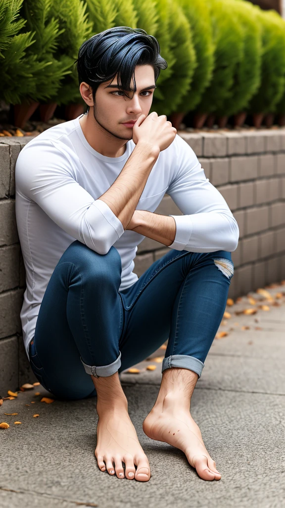 The person is also generated vertically.Background is a little horror.Create a highly detailed image of a mysterious and thoughtful young man in a crouched position. The character should have spiky black hair, large expressive eyes with dark circles, and a pale complexion. He is dressed in a loose-fitting white long-sleeve shirt and dark blue jeans. His pose is distinctive, with one hand near his mouth and the other resting on the ground for balance, and he is barefoot. 