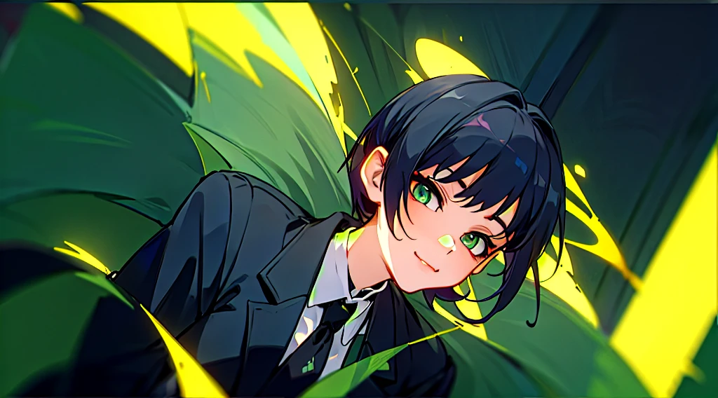 ((Highest quality)), ((masterpiece)), (detailed), Perfect Face, Black short hair, One person,  Black Suit,Wide-angle lens,Making a drink ,Background Green Fill