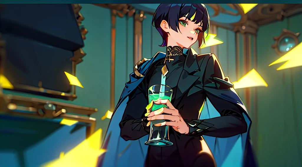 ((Highest quality)), ((masterpiece)), (detailed), Perfect Face, Black short hair, One person,  Black Suit,Wide-angle lens,Making a drink ,Background Green Fill